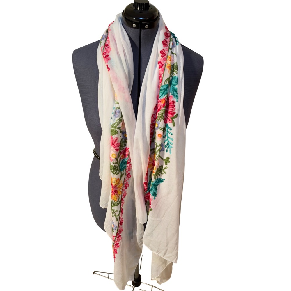 Cruise Club Women's Scarf Shawl Wrap White Embroidered Floral Pink Blue Green